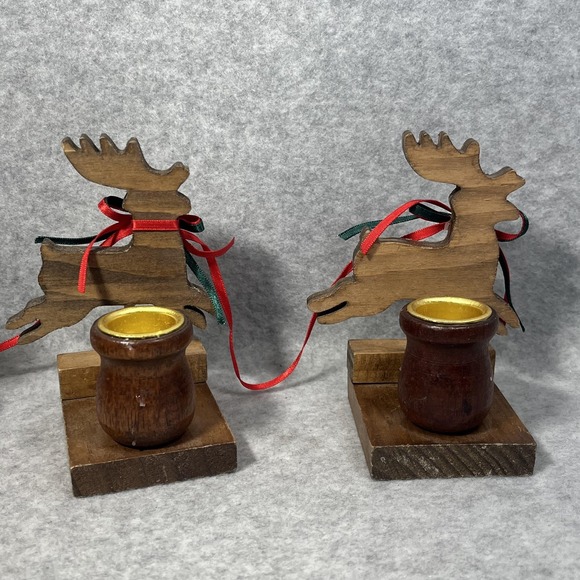 Vintage Christmas Around the World Wood Sleigh Reindeer Taper Candle Holders Set - Picture 8 of 16
